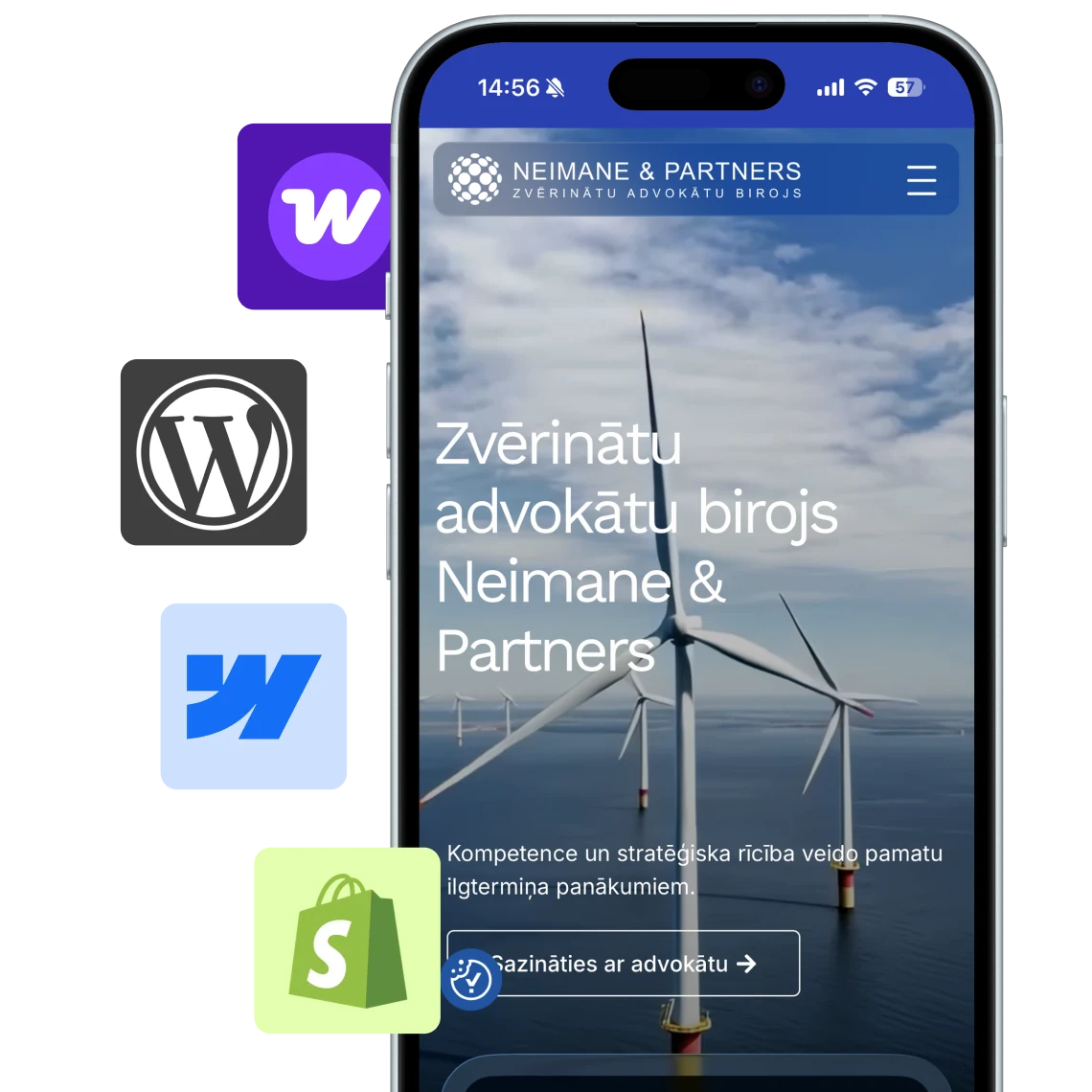 Mūsu izstrādāta mājaslapa telefonā – WordPress, Webflow un Shopify platformas